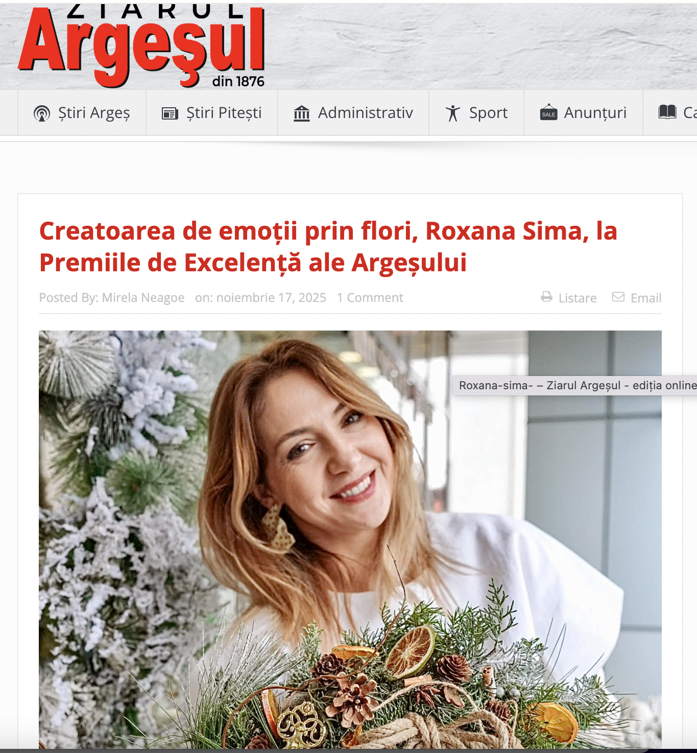 Roxana Sima, fondatoarea florăriei Taj din Pitești, nominalizată la Premiile de Excelență ale Argeșului